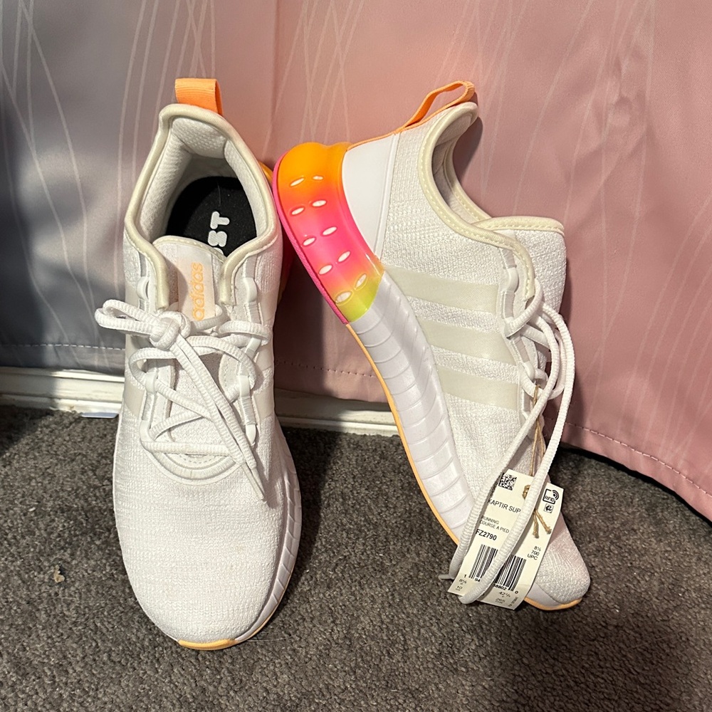 NWT Adidas Women's White Sneakers with Orange and Pink Accents, 10
